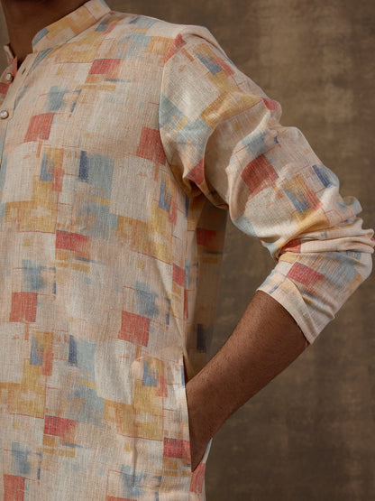 Light Yellow Abstract Printed Men's Kurta