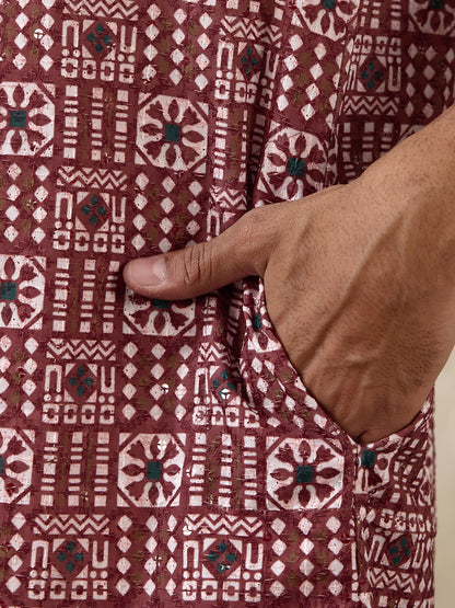 Radiant Maroon Batik Printed Men's Kurta