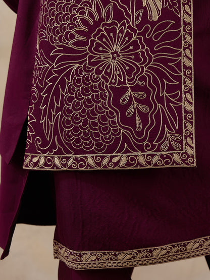 Wine Purple Bird Embroidered Men's Kurta Set with Long Jacket