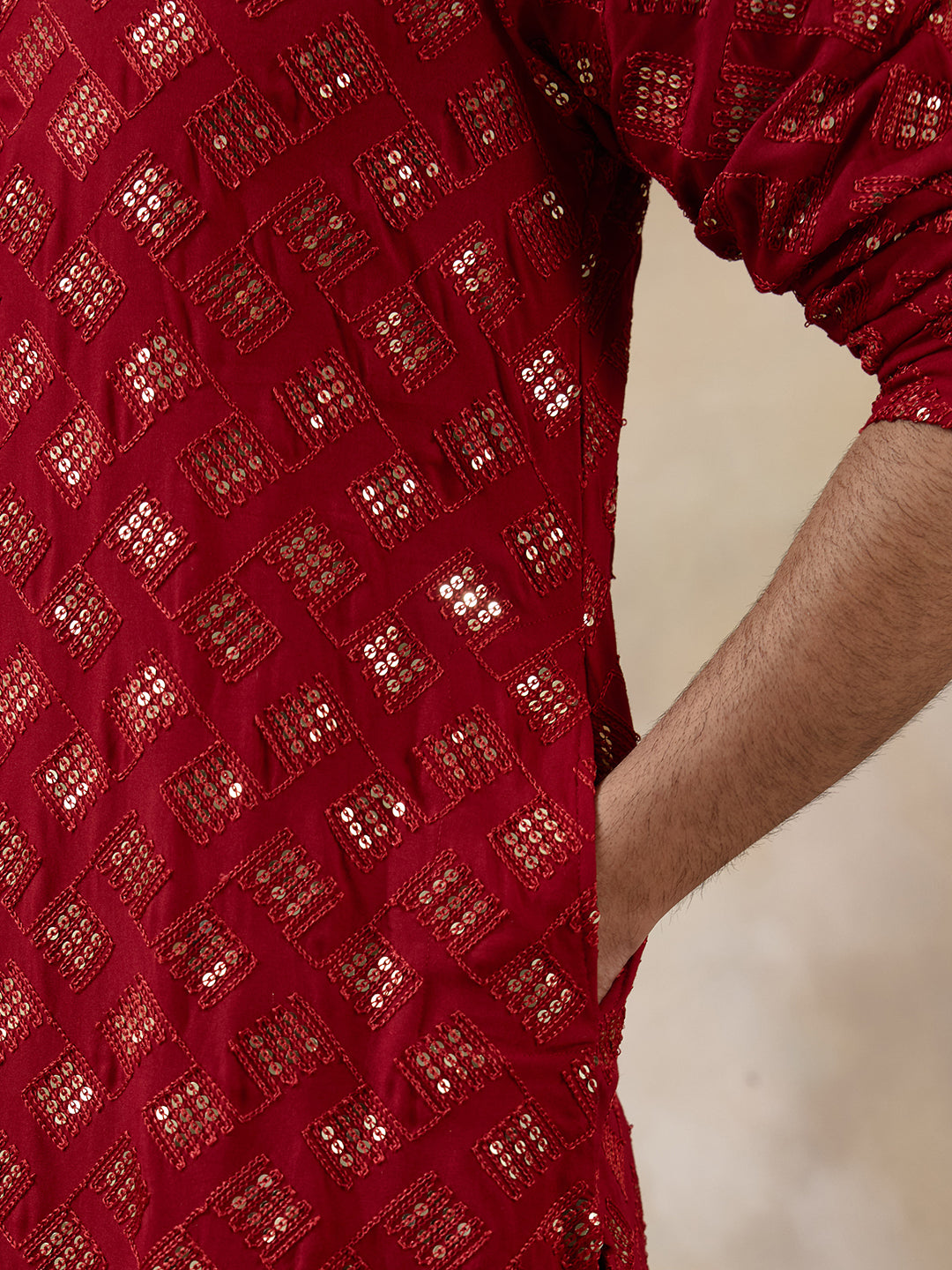 Regal Red Embellished Men's Kurta