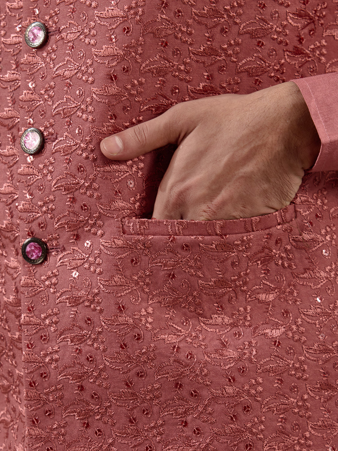 Coral Pink Embroidered Men's Kurta Set
