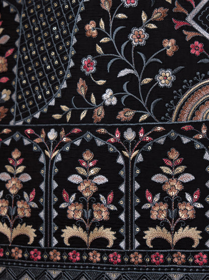 Majestic Black Floral Embroidered Men's Kurta Set with Long Jacket