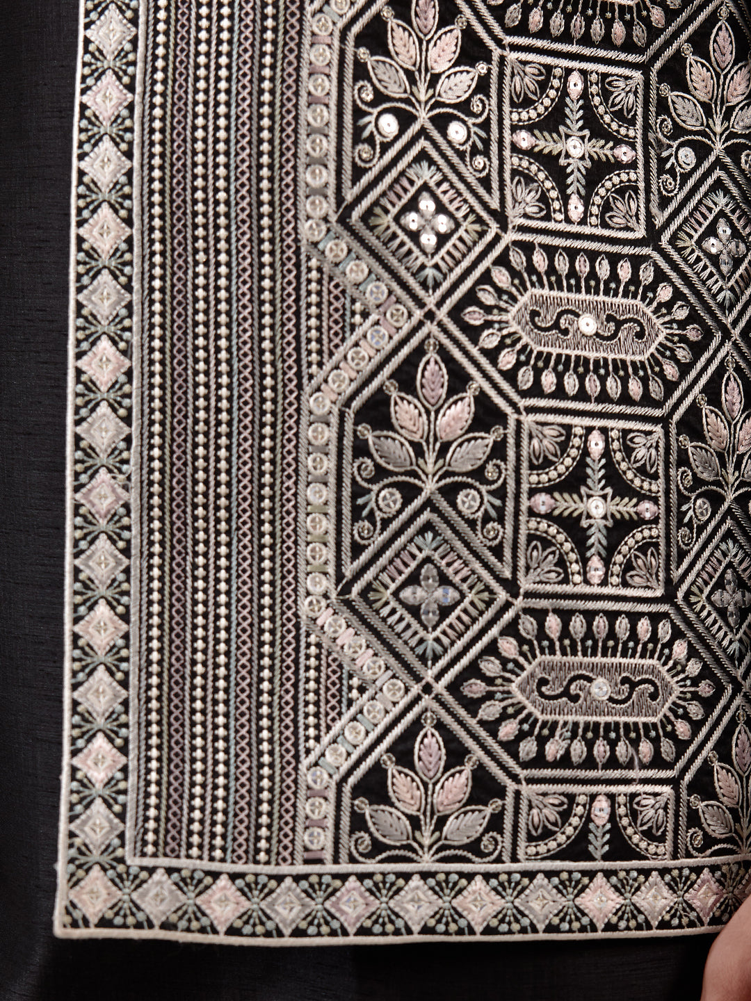 Classic Black Geometric Embroidered Men's Kurta Set with Long Jacket