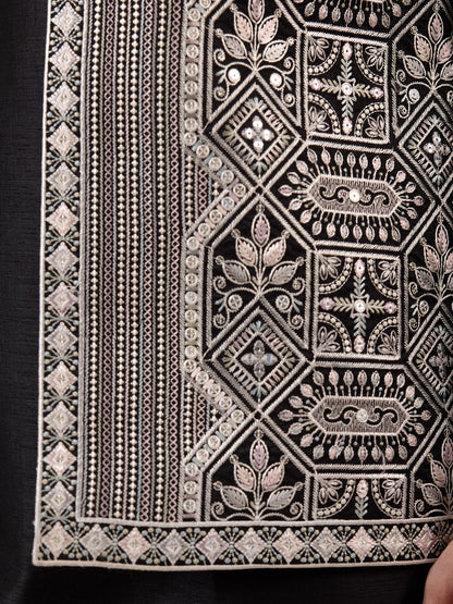 Classic Black Geometric Embroidered Men's Kurta Set with Long Jacket
