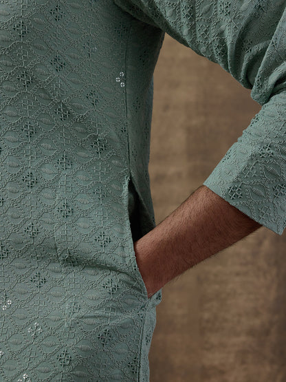 Sea Green Chikankari Men's Kurta
