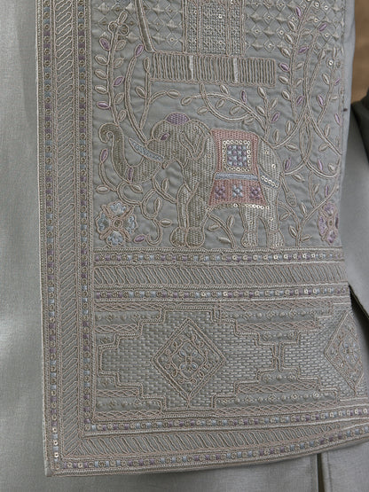 Pastel Green Elephant Motifs Embroidered Men's Kurta Set with Long Jacket