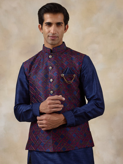 Blue Red Patterned Men's Kurta Set