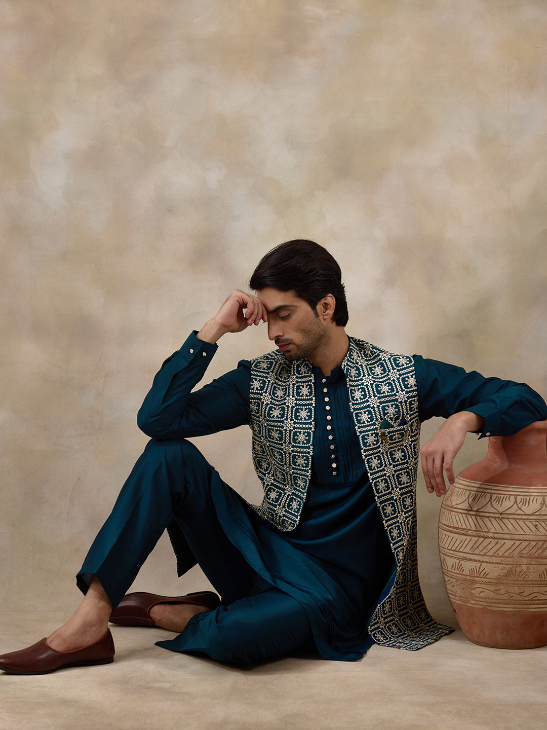 Elegant Turquoise Embroidered Men's Kurta Set with Long Jacket