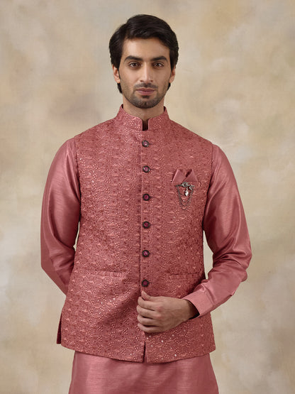 Coral Pink Embroidered Men's Kurta Set
