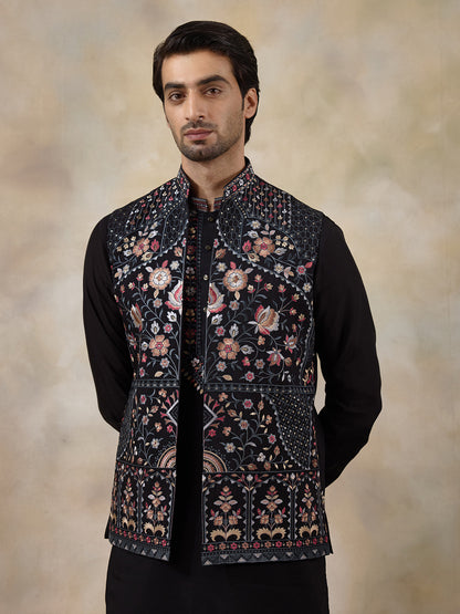 Majestic Black Floral Embroidered Men's Kurta Set with Long Jacket