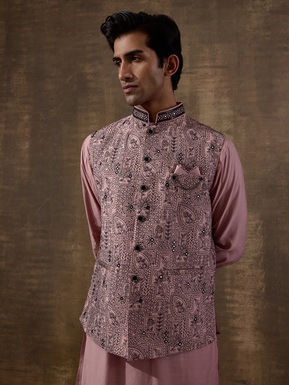 Peach Black Embroidered Men's Kurta Set