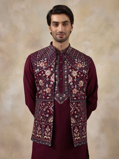 Deep Wine Floral Embroidered Men's Kurta Set with Long Jacket