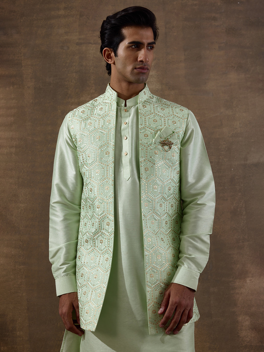Light Green Geometric Sequinned Men's Kurta Set with Long Jacket