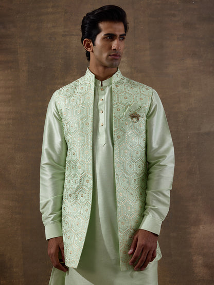 Light Green Geometric Sequinned Men's Kurta Set with Long Jacket