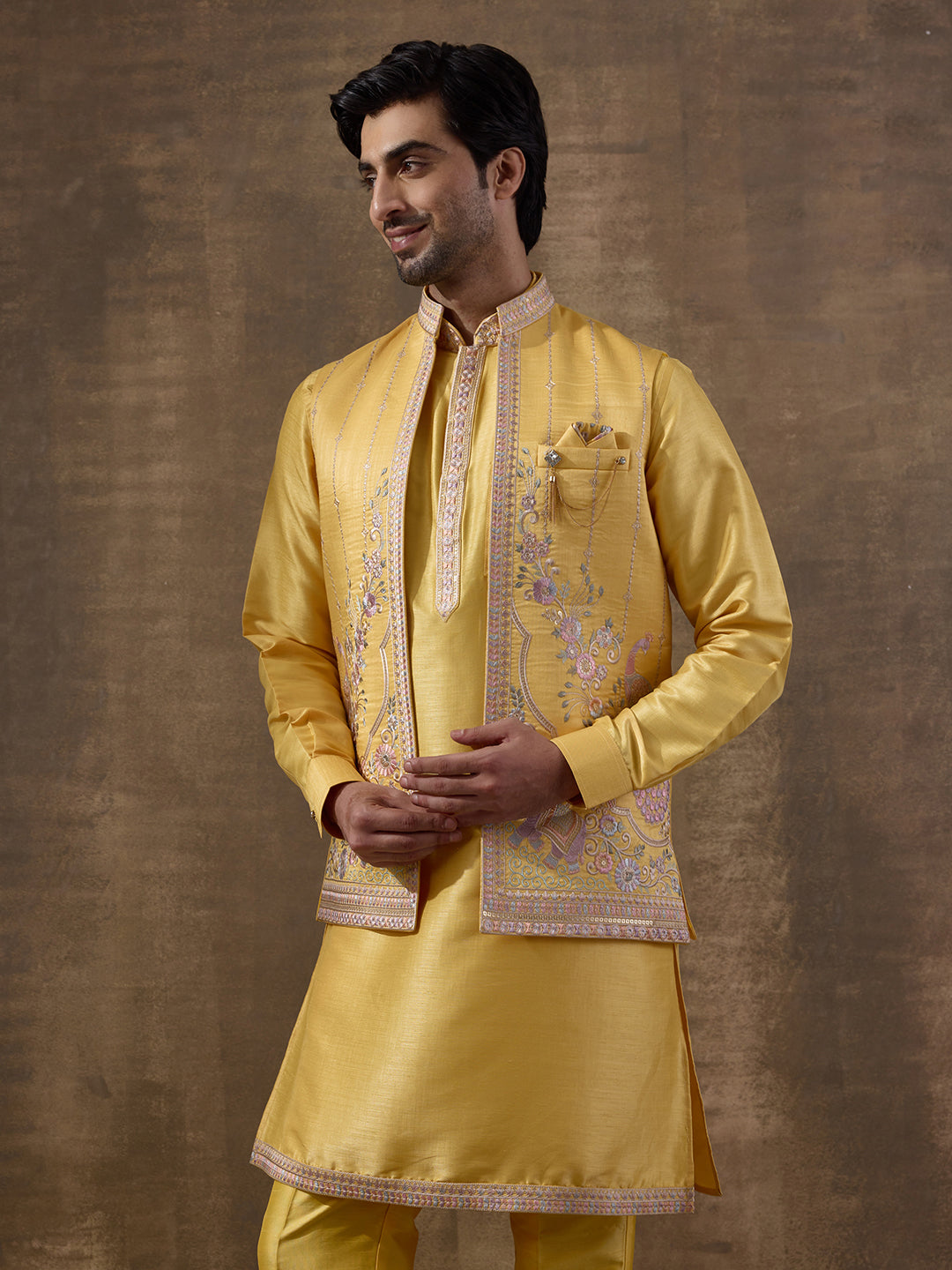 Sunshine Yellow Elephant Motifs Embroidered Kurta Set with Long Jacket
