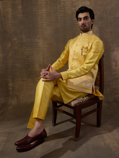 Temple Yellow Embroidered Men's Kurta Set