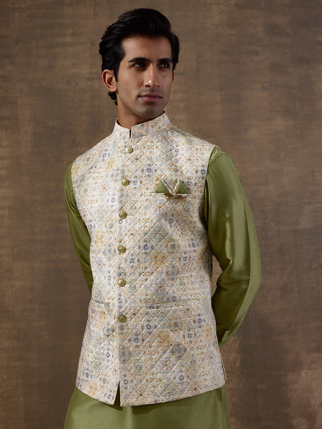 Light Olive Patterned Men's Kurta Set