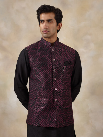 Wine Black Embroidered Men's Kurta Set