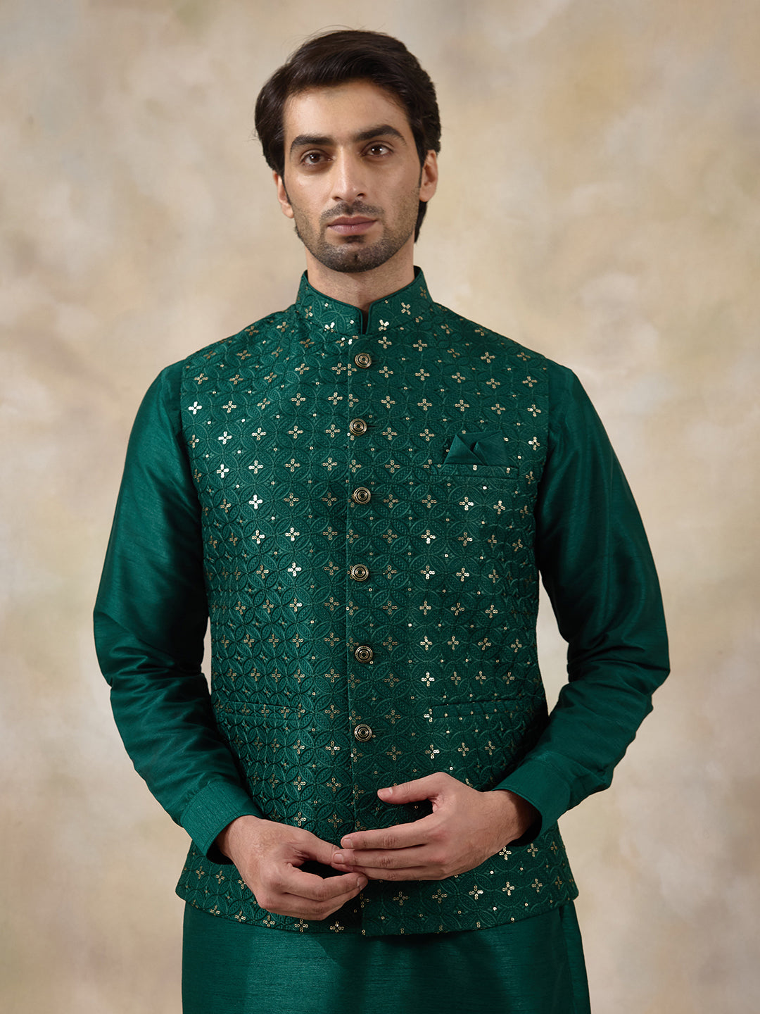 Bottle Green Motifs Sequinned Men's Kurta Set