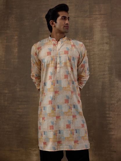Light Yellow Abstract Printed Men's Kurta
