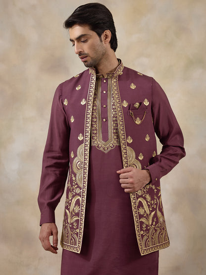 Royal Purple Aari Embroidered Men's Kurta Set with Long Jacket