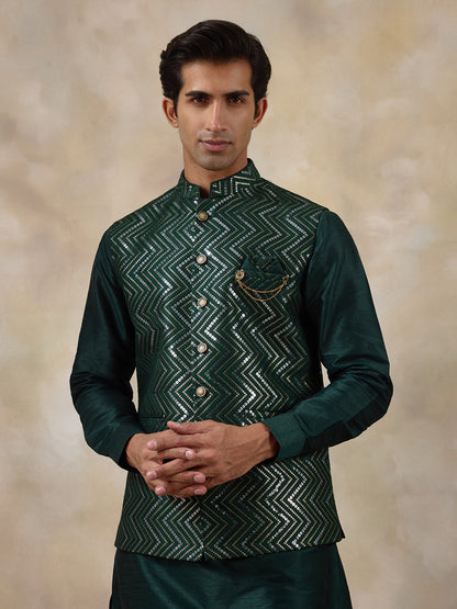 Bottle Green Sequinned Men's Kurta Set