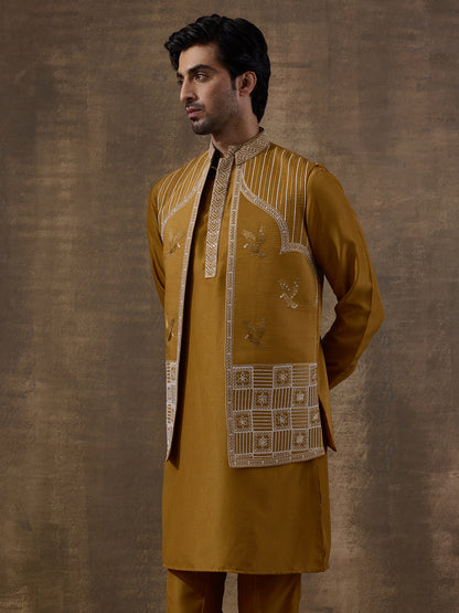 Deep Mustard Temple Embroidered Men's Kurta Set with Long Jacket