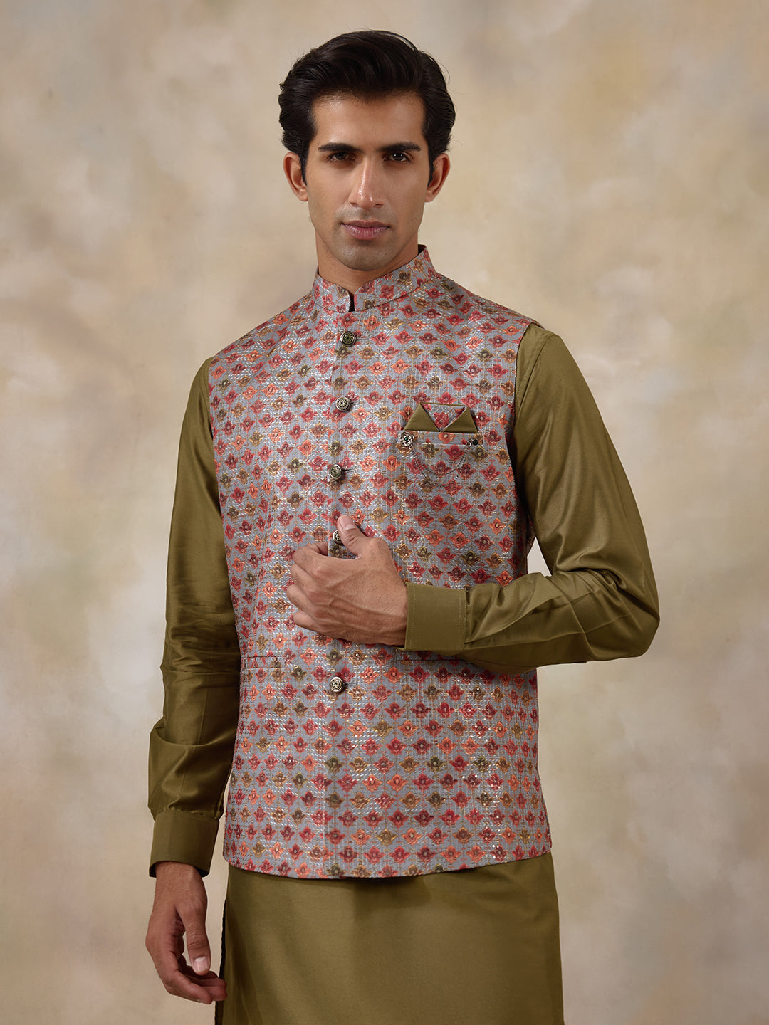 Mehendi Multicolour Patterned Men's Kurta Set