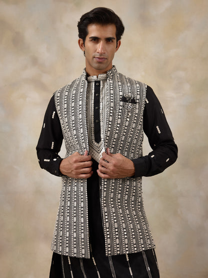 Black Chikankari Embroidered Men's Kurta Set with Long Jacket