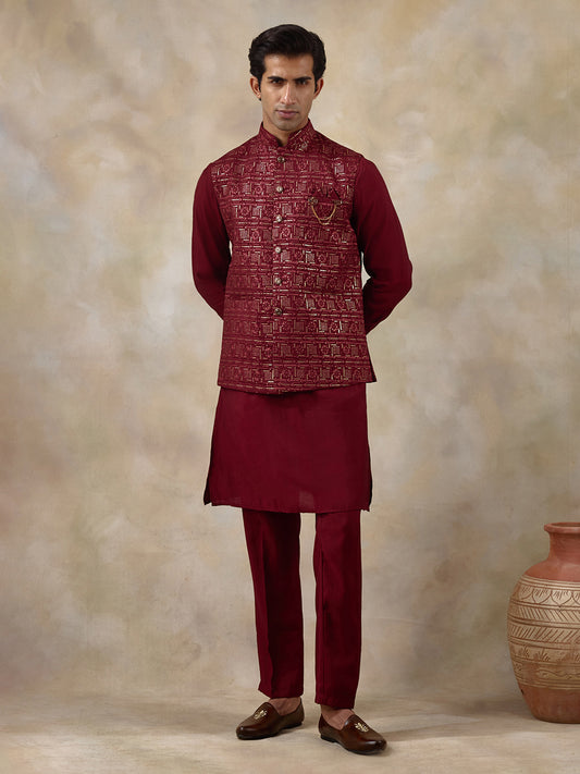 Bright Red Patterned Men's Kurta Set