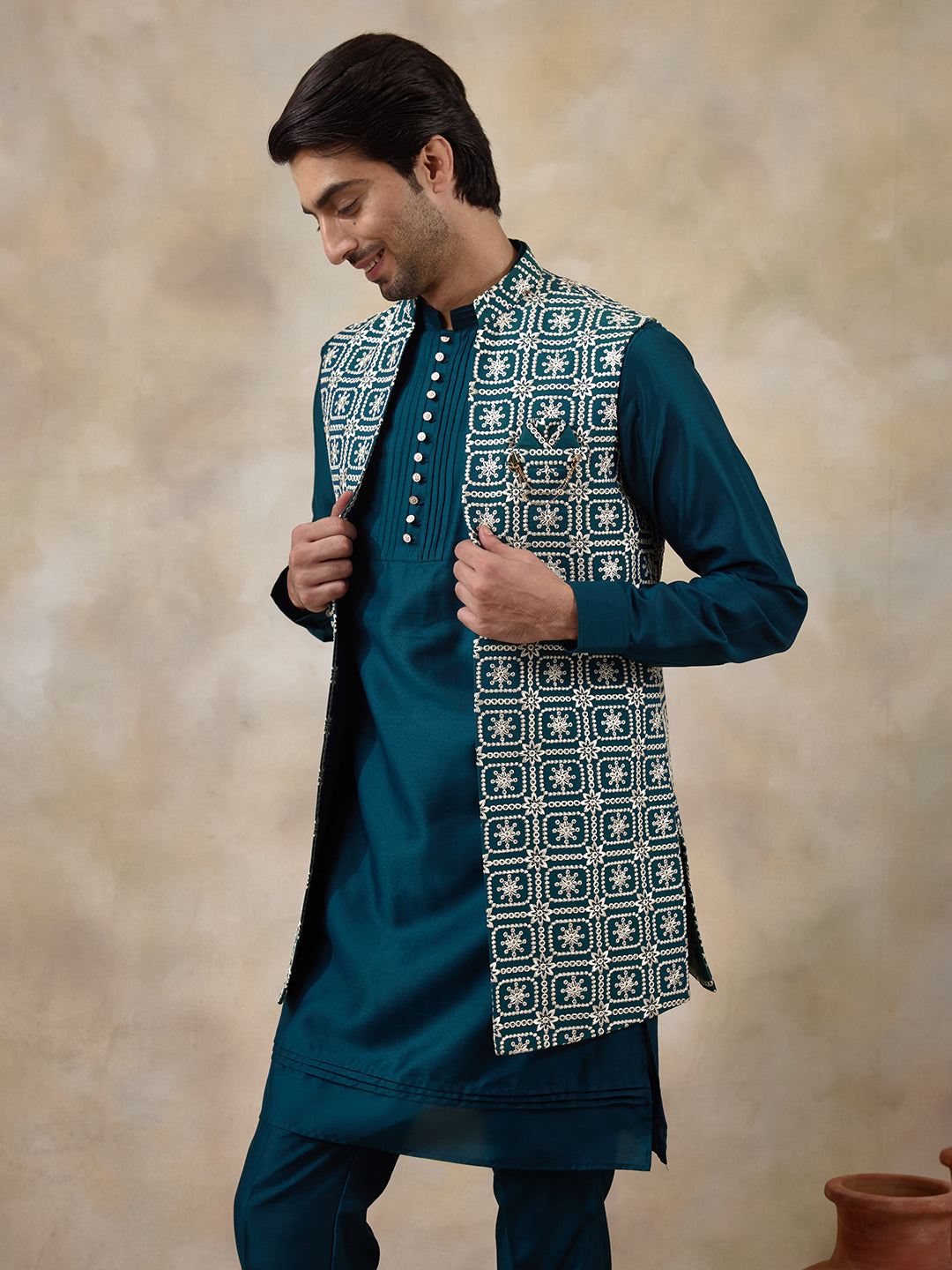 Elegant Turquoise Embroidered Men's Kurta Set with Long Jacket