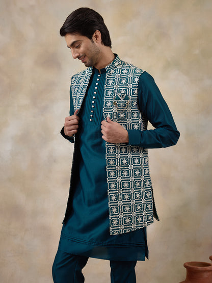 Elegant Turquoise Embroidered Men's Kurta Set with Long Jacket