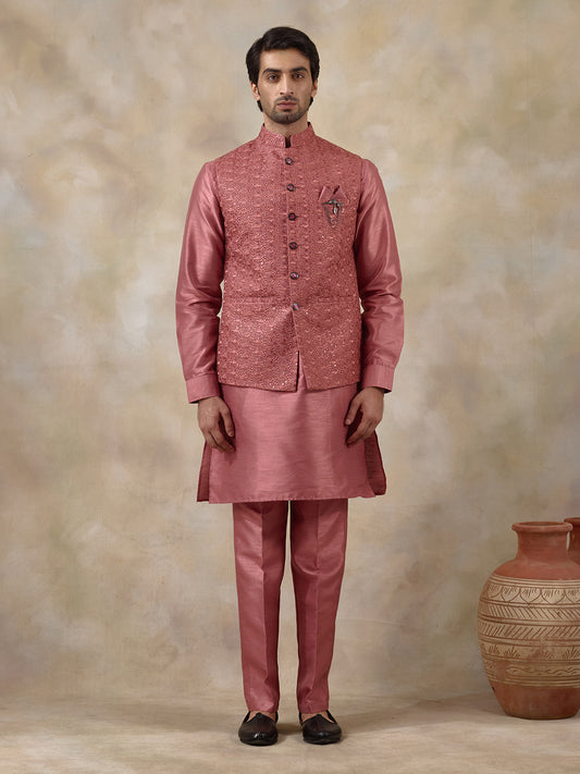 Coral Pink Embroidered Men's Kurta Set