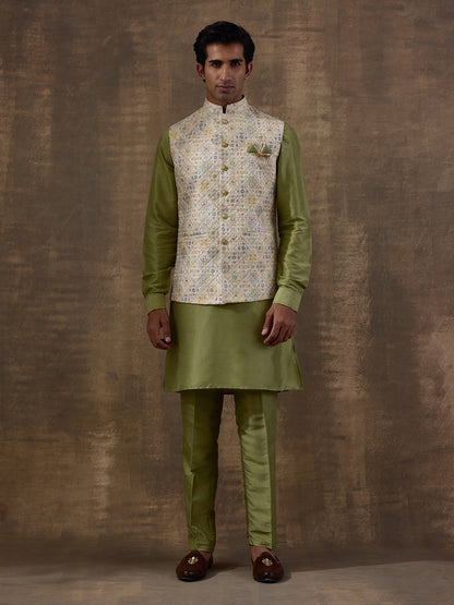 Light Olive Patterned Men's Kurta Set