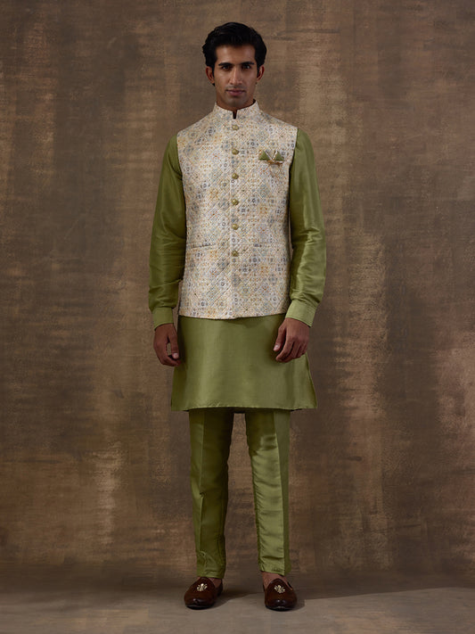 Light Olive Patterned Men's Kurta Set