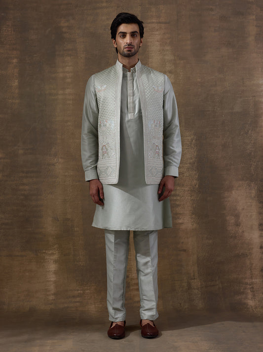 Pastel Green Elephant Motifs Embroidered Men's Kurta Set with Long Jacket