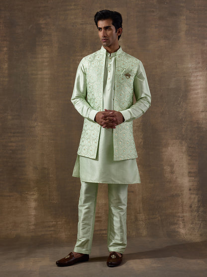Light Green Geometric Sequinned Men's Kurta Set with Long Jacket
