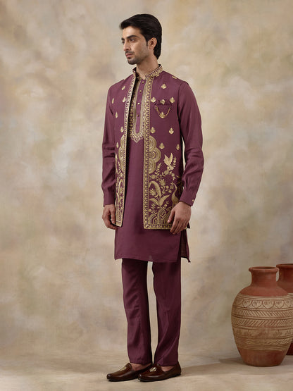 Royal Purple Aari Embroidered Men's Kurta Set with Long Jacket