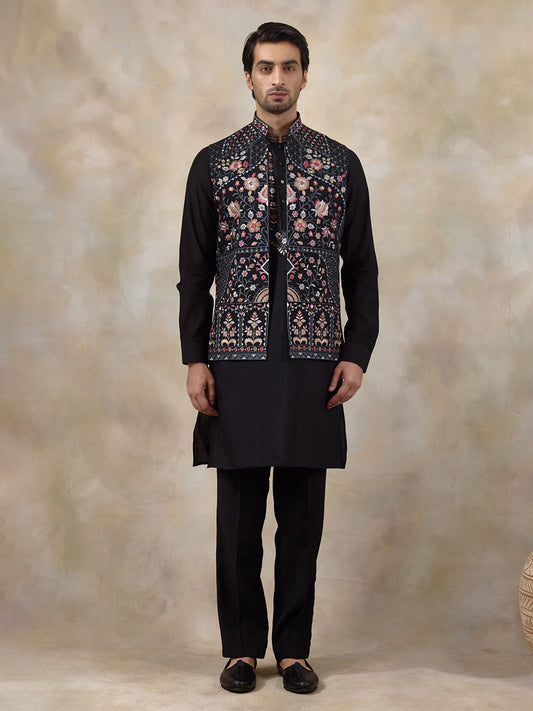 Majestic Black Floral Embroidered Men's Kurta Set with Long Jacket
