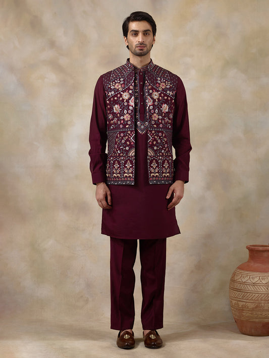 Deep Wine Floral Embroidered Men's Kurta Set with Long Jacket