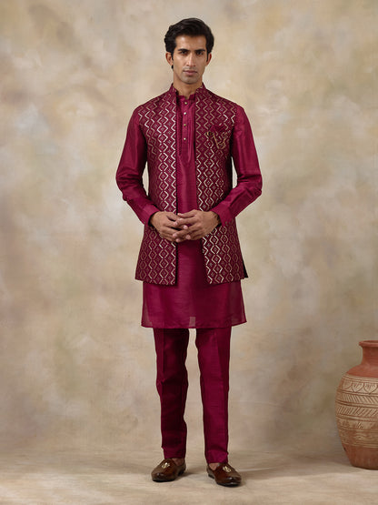Deep Wine Sequinned Men's Kurta Set with Long Jacket