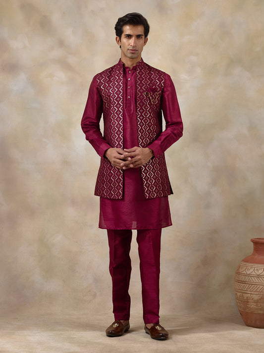 Deep Wine Sequinned Men's Kurta Set with Long Jacket
