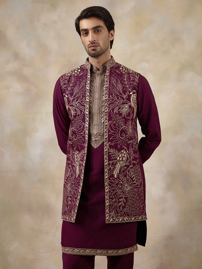Wine Purple Bird Embroidered Men's Kurta Set with Long Jacket