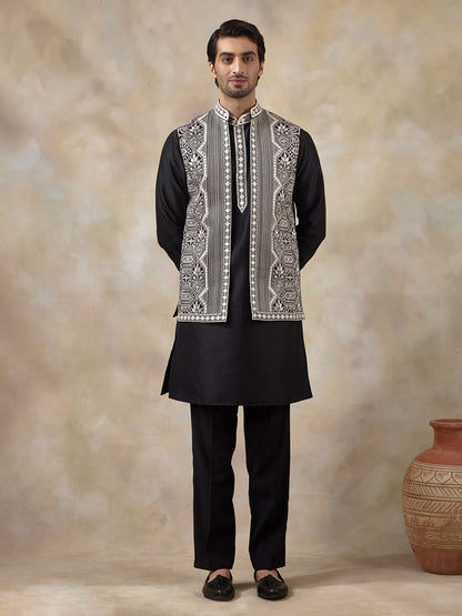 Classic Black Geometric Embroidered Men's Kurta Set with Long Jacket
