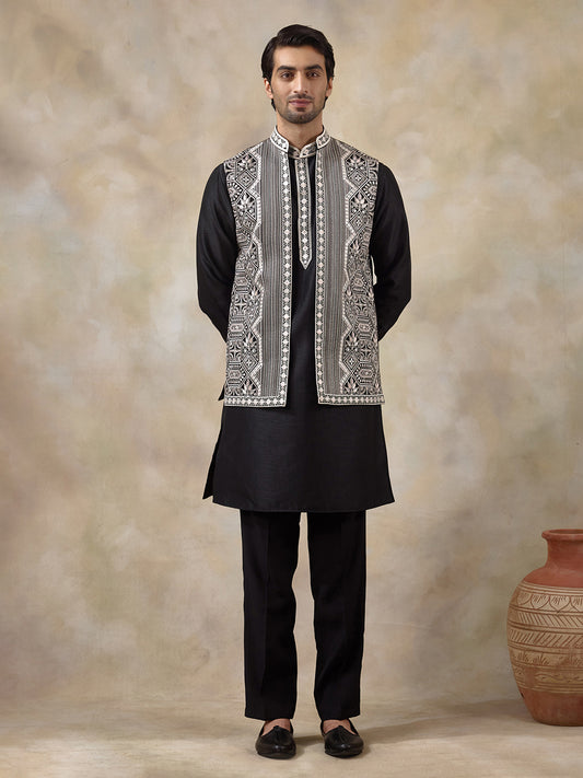Classic Black Geometric Embroidered Men's Kurta Set with Long Jacket