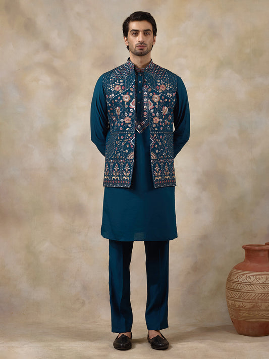 Azure Turquoise Floral Embroidered Men's Kurta Set with Long Jacket