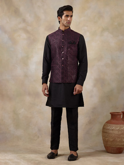 Wine Black Embroidered Men's Kurta Set