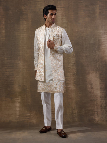 Starry White Mirrored Men's Kurta Set with Long Jacket