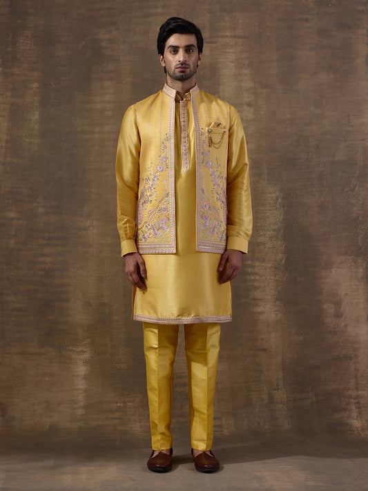 Sunshine Yellow Elephant Motifs Embroidered Kurta Set with Long Jacket