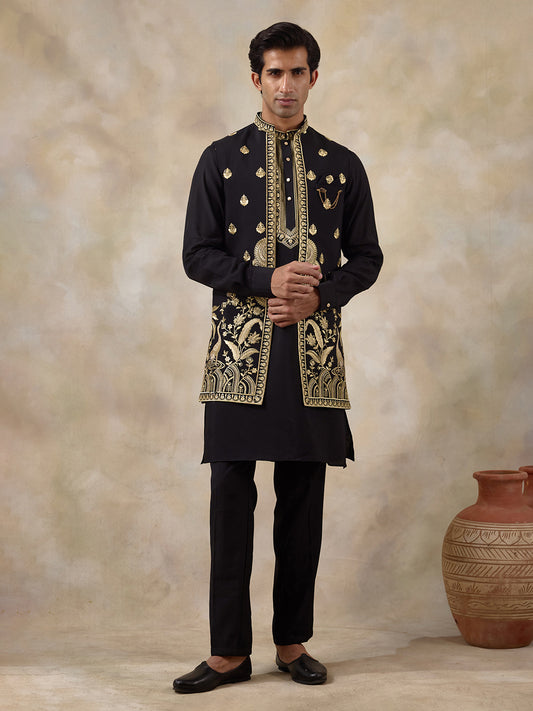 Royal Black Aari Embroidered Men's Kurta Set with Long Jacket